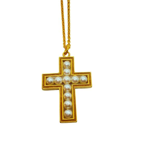 Cross Necklace Metropolitan Museum of Art MAd Gold Tone and Inset Faux Pearl - Picture 2 of 11